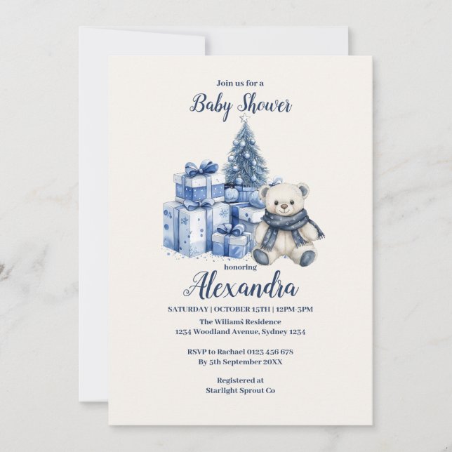 Invitation Baby shower de Noël de l'ours bleu (Devant)