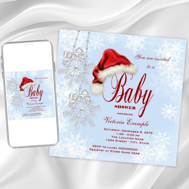 Invitation Baby shower de Noël de Santa Hat et Snowflakes (Cute Santa hat snowflake baby shower invitation. Instant download and printed invitations available.)
