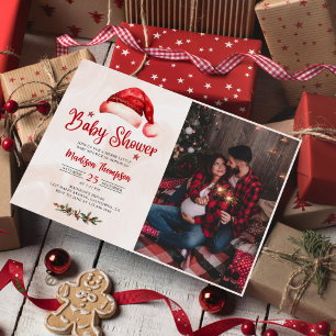 Invitation Baby shower de Noël de Santa Hat Photo