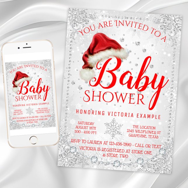 Invitation Baby shower de Noël de Santa Hat Snowflake (Christmas baby shower invitation with Santa hat and snowflakes. Digital download and printed.)