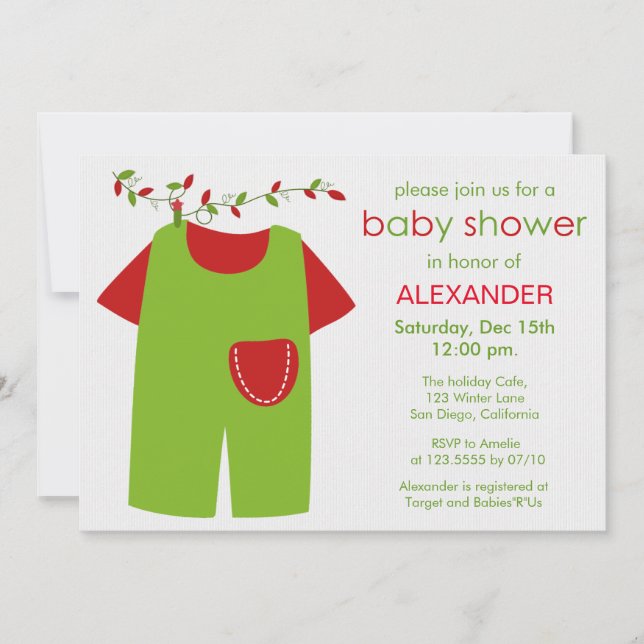 Invitation Baby shower de Noël en tenue verte (Devant)