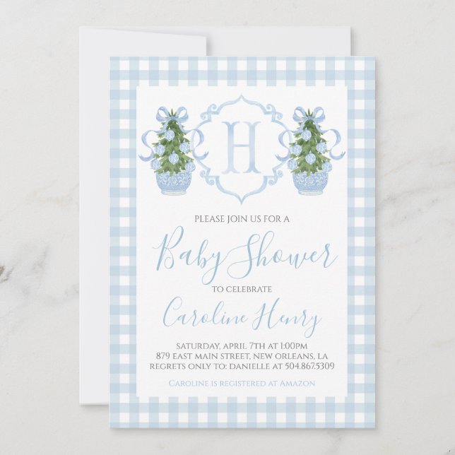Invitation Baby shower de Noël garçon Preppy En vichy bleu (Devant)