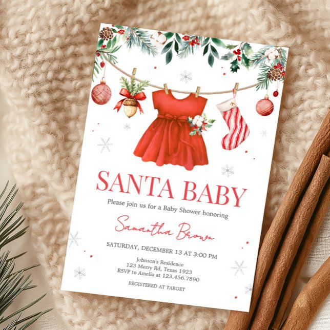 Invitation Baby shower de Noël Girl Red Père Noël (Santa Baby Clothesline Baby Shower Invitation)