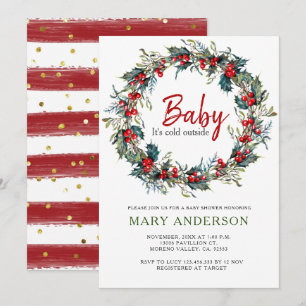 Invitation Baby shower de Noël Holly Wreath