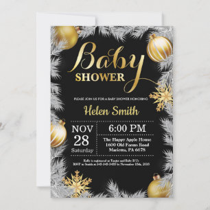 Invitation Baby shower de Noël noir et or