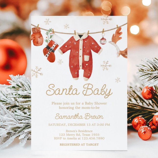Invitation Baby shower de Noël père Noël (Santa Baby Clothesline Christmas Baby Shower Invitation)