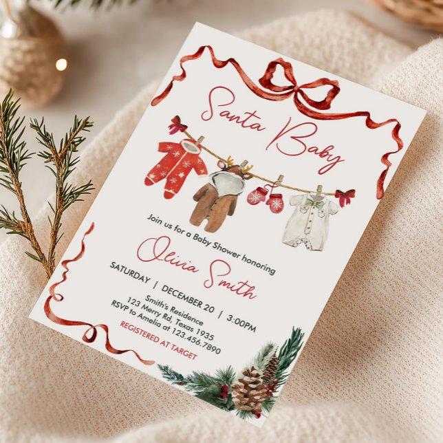 Invitation Baby shower de Noël père Noël Baby Clothes (Santa Baby Christmas Clothes Baby Shower Invitation)