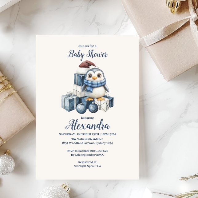 Invitation Baby shower de Noël Pingouin Bleu (Créateur téléchargé)