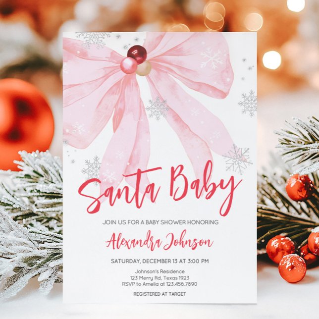 Invitation Baby shower de Noël Pink Bow (Pink Bow Christmas Santa Baby Baby Shower Invitation)