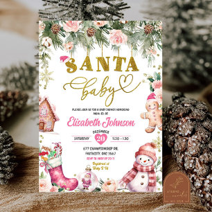 Invitation Baby shower de Noël Pink Père Noël Baby Floral