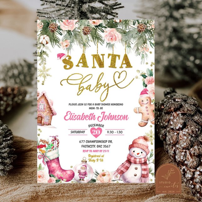 Invitation Baby shower de Noël Pink Père Noël Baby Floral (Créateur téléchargé)