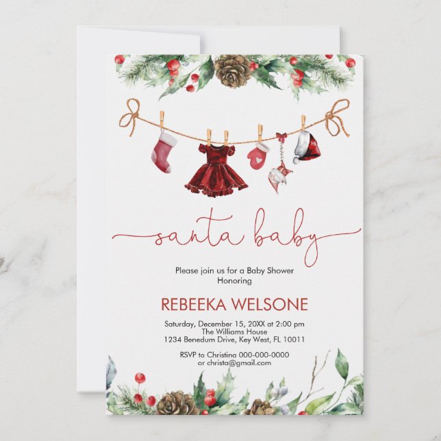 Invitation Baby shower de Noël pour bébé Girl père Noël (Devant)