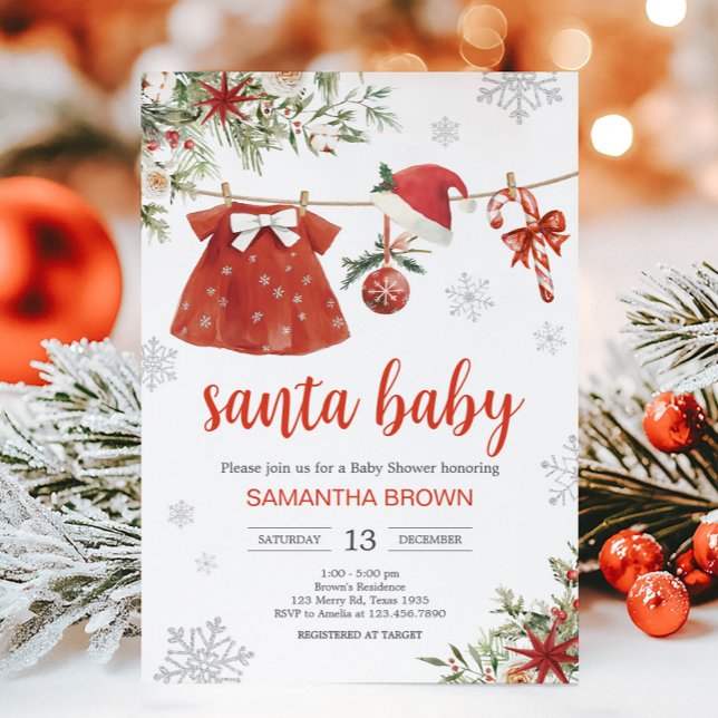 Invitation Baby shower de Noël Red Girl Père Noël (Santa Baby Clothesline Baby Shower Invitation)