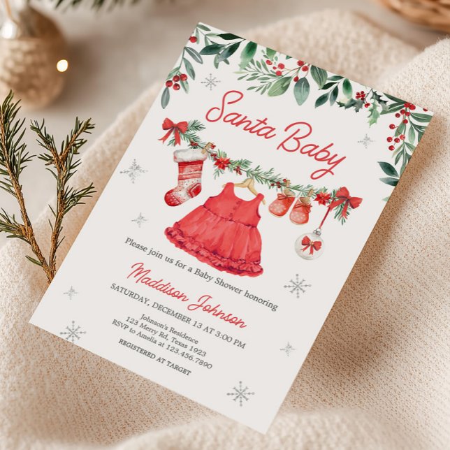 Invitation Baby shower de Noël Red Père Noël (Santa Baby Clothesline Baby Shower Invitation)