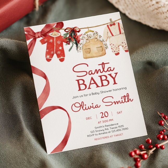 Invitation Baby shower de Noël Red Père Noël Baby (Santa Baby Christmas Clothes Baby Shower Invitation)