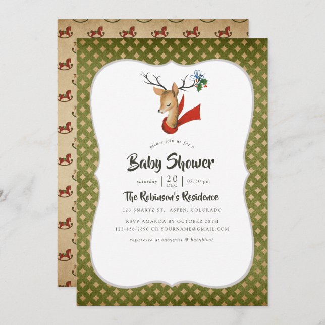 Invitation Baby shower de Noël Reindeer Vintage (Devant / Derrière)