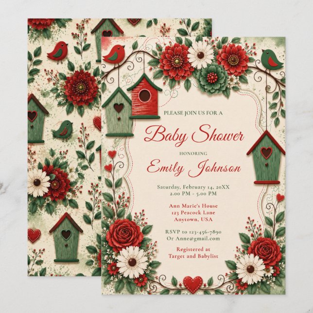 Invitation Baby Shower de Noël Rouge Émeraude (Devant / Derrière)