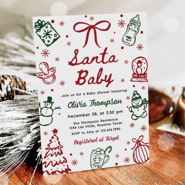 Invitation Baby Shower de Noël Rouge et Vert Dessiné à la Mai (Créateur téléchargé)
