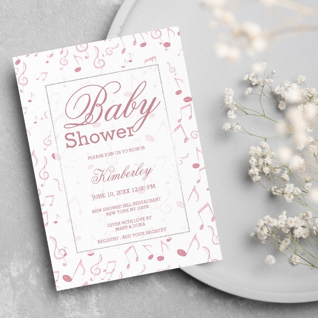 Invitation Baby shower de note de musique couleur blanche ros (Blush pink white watercolor music note Baby Shower Invitation)