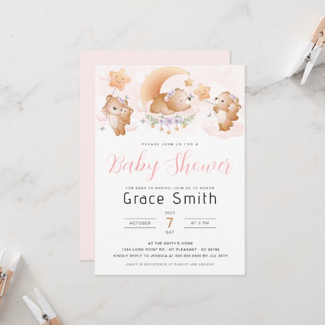 Invitation Baby shower de nuage d'ours (Devant/Arrière en situation)