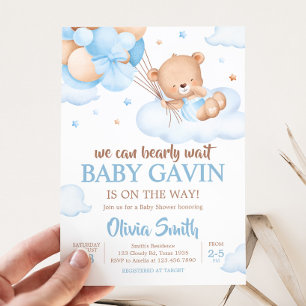 Invitation Baby shower de nuages d'attente Bleu Bearly