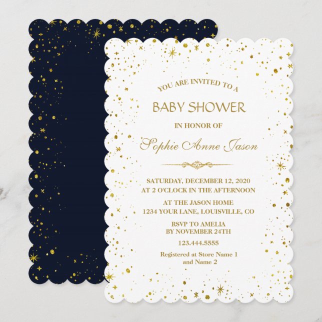 Invitation Baby shower de nuit Whimsical Gold Starry (Devant / Derrière)