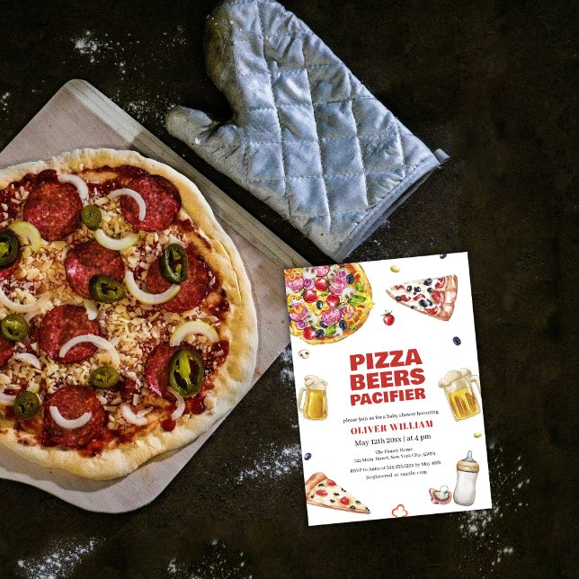 Invitation Baby shower de pacificateur de la bière de Pizza i (Italian Slice Pizza Beer Pacifier Baby Shower Invitation)