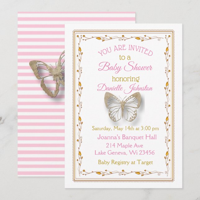 Invitation Baby shower de papillon de petite fille personnali (Devant / Derrière)