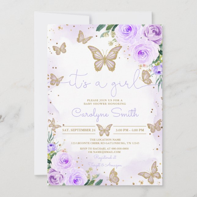 Invitation Baby shower de papillon pourpre fille (Devant)