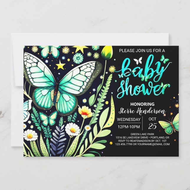Invitation Baby shower de papillon vert de la taille lunaire (Devant)