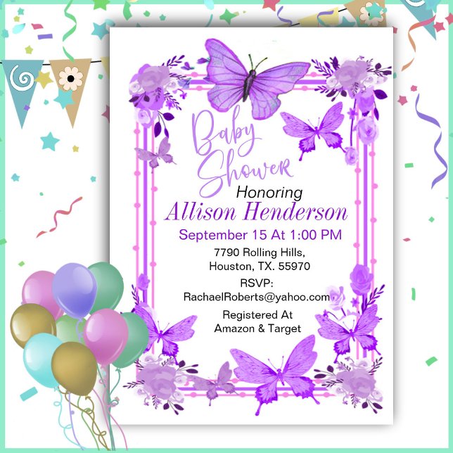 Invitation Baby shower De Papillon Violet Et Lavande De Charm (Créateur téléchargé)