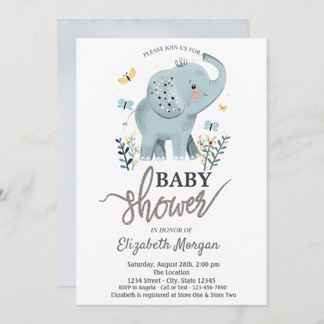 Invitation Baby shower de papillons aux fleurs d'éléphants (Devant / Derrière)
