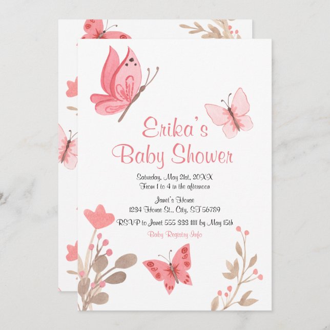 Invitation Baby shower de papillons floraux rose pâle (Devant / Derrière)