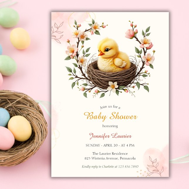 Invitation Baby shower de Pâques de fleurs roses du nid de po (Chick Nest Pink Floral Wreath Easter Baby Shower Invitation)