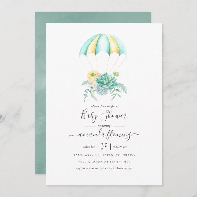 Invitation Baby shower de parachute de bouquet de succulents  (Devant / Derrière)