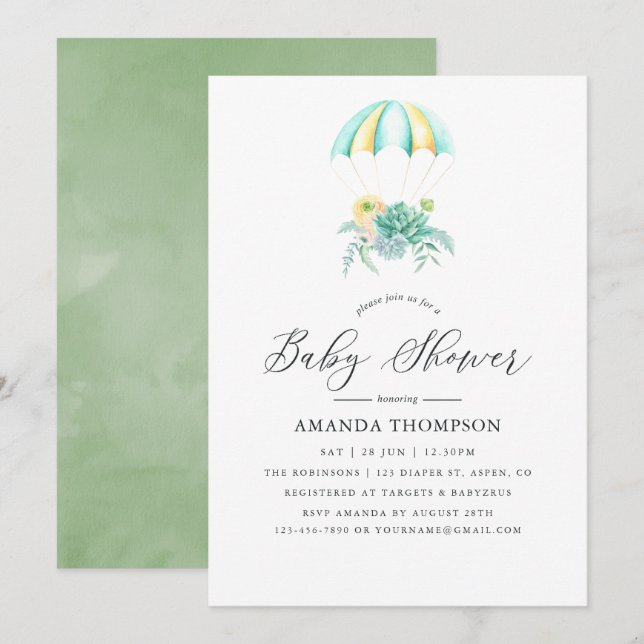 Invitation Baby shower de parachute de bouquet floral (Devant / Derrière)