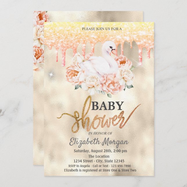Invitation Baby shower de Parties scintillant de cygne floral (Devant / Derrière)
