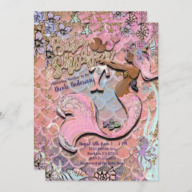 Invitation Baby shower de Parties scintillant de Prego Mermai (Devant / Derrière)