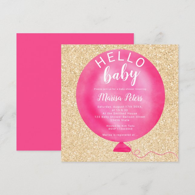 Invitation Baby shower de parties scintillant d'or rose néon  (Devant / Derrière)