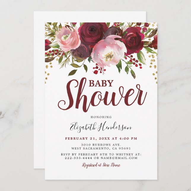 Invitation Baby shower de Parties scintillant florales rousse (Devant / Derrière)