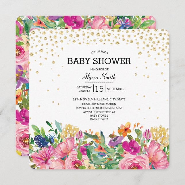 Invitation Baby shower de Parties scintillant or rose jaune (Devant / Derrière)