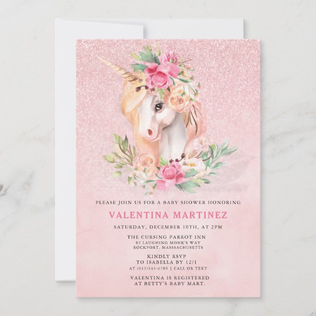 Invitation Baby shower de Parties scintillant rose Unicorn (Devant)