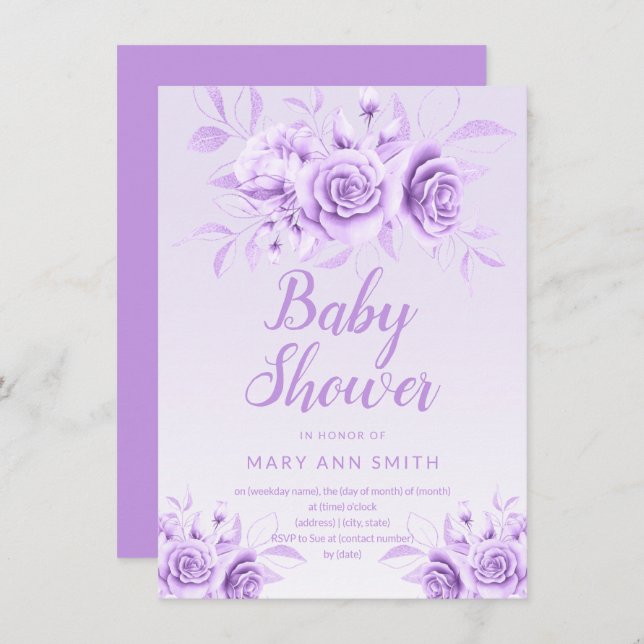 Invitation Baby shower de Parties scintillant violet flou  (Devant / Derrière)