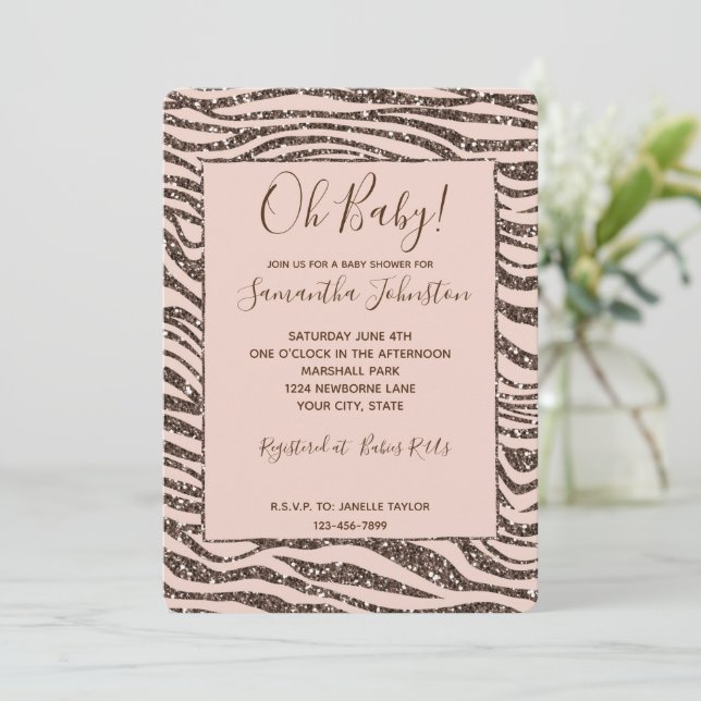 Invitation Baby shower de Parties scintillant Zebra Brown Pea (Debout devant)