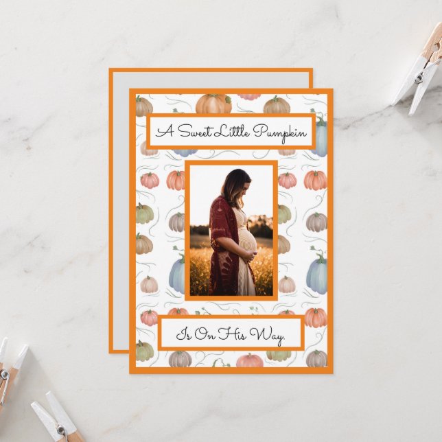 Invitation Baby shower de patchs couleur Citrouille aquarelle (Devant/Arrière en situation)