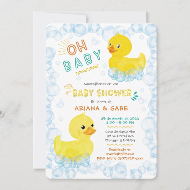 Invitation Baby shower de patos de goma gemelos (Devant)