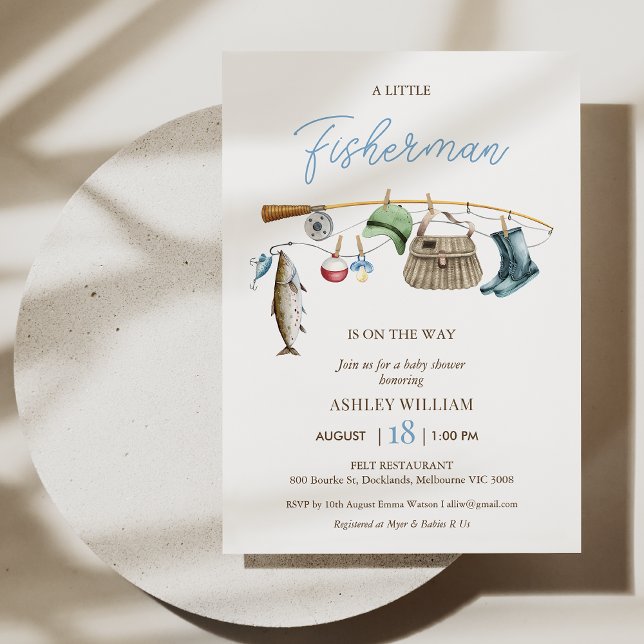 Invitation Baby shower de pêche moderne Blue Rod Boys de pêch (Fishing Baby Shower Invitation Template Baby Boy, Fishing Rod Baby Shower Invite, Little Fisherman
)