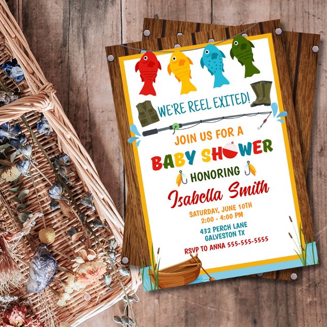 Invitation Baby shower de pêche modifiable (Rustic & colorful fishing baby shower invite – perfect for new parents, any gender!)