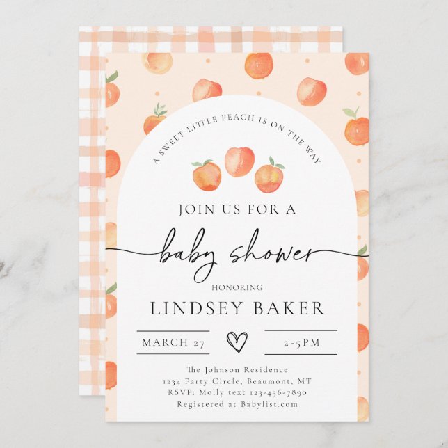 Invitation Baby shower de pêche | Peach Baby (Devant / Derrière)