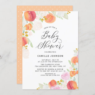 Invitation Baby shower de pêches et de fleurs d'aquarelle